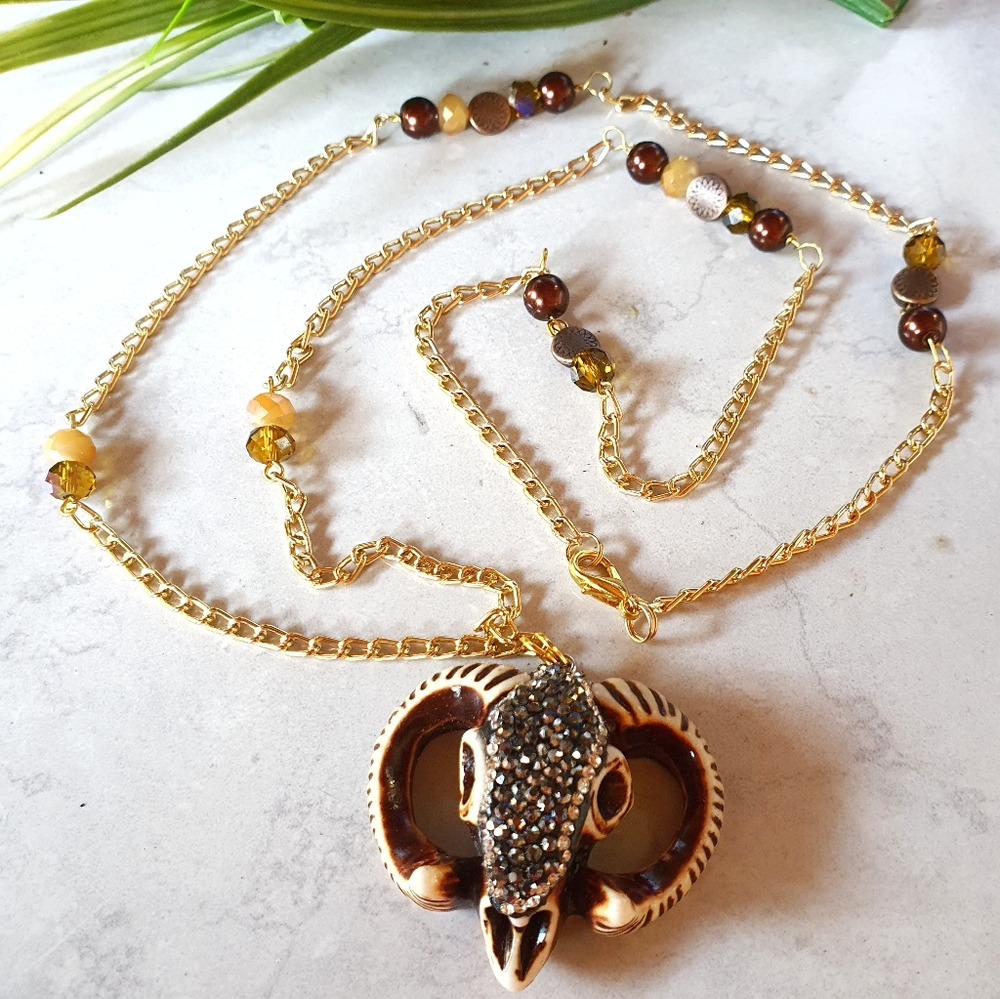 Rhinestone Sheep Skull Long Gold Chain Necklace